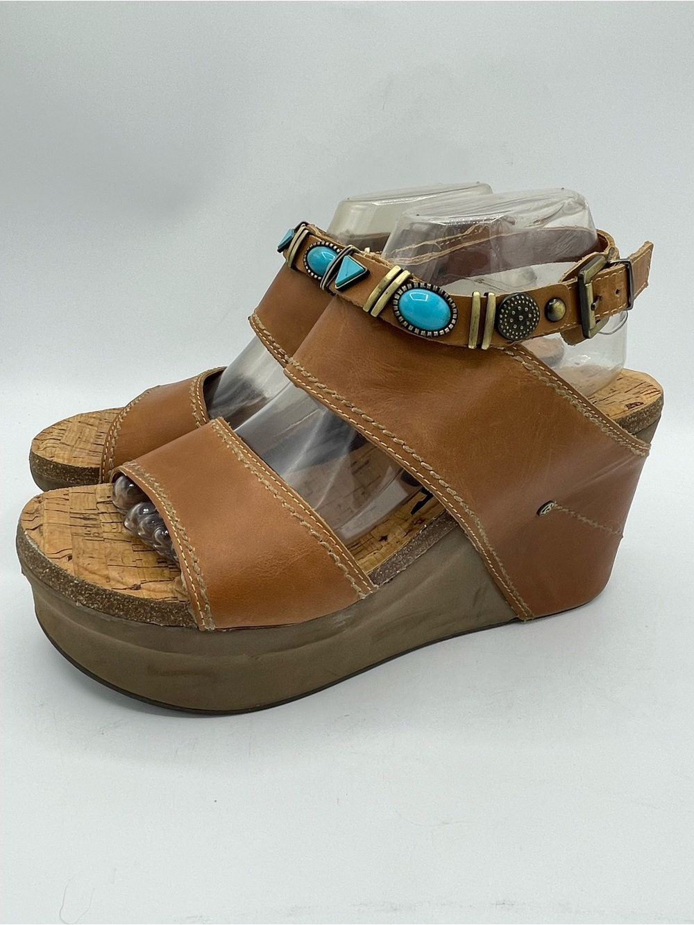 OTBT Layover Brown Leather Wedge Sandals with Turquoise and Metal Stone Accents.